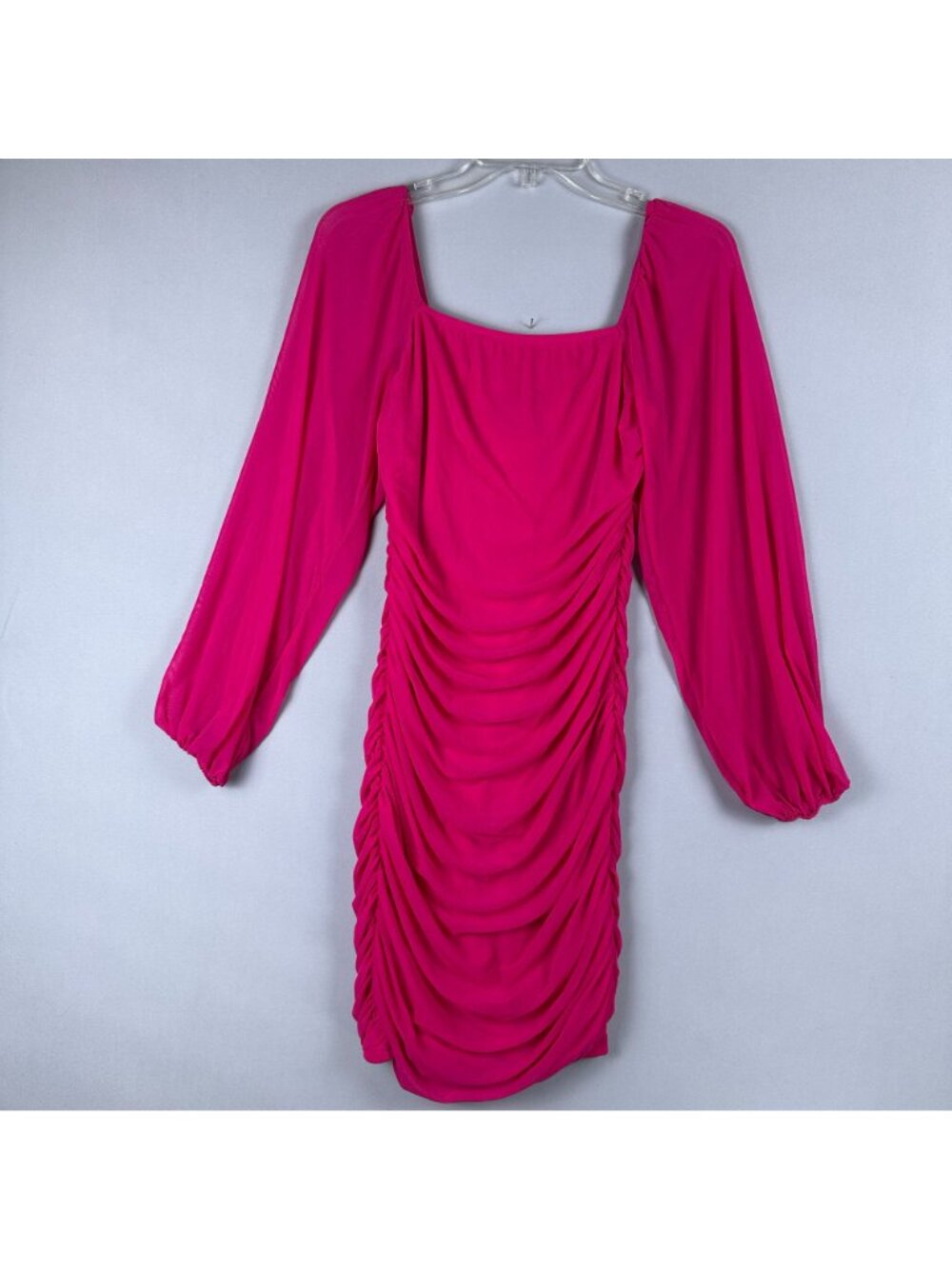 Fashion Womens Ruched Bodycon Mini Cocktail Dress Size M Puff Sleeve Hot Pink - Picture 5 of 14